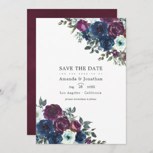 Plum and Navy Floral Wedding Photo Save The Date