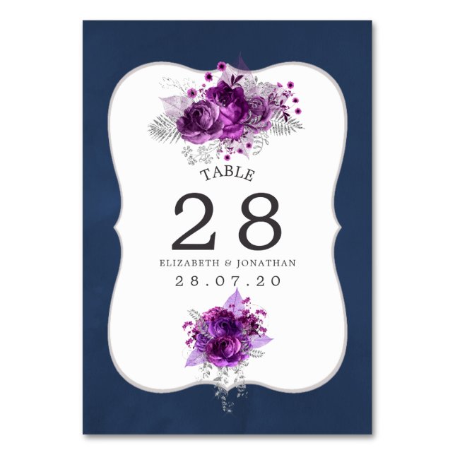 Plum and Navy Floral Wedding Table Number (Front)