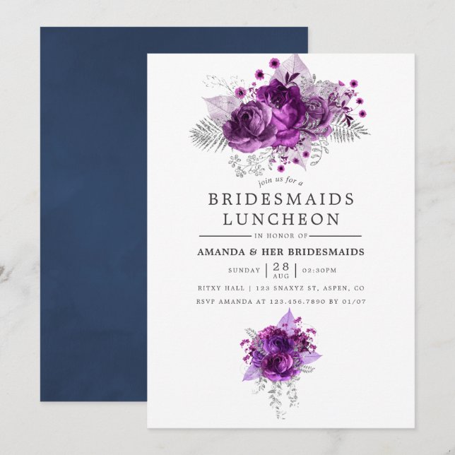 Plum and Navy Watercolor Bridesmaids Luncheon Invitation (Front/Back)