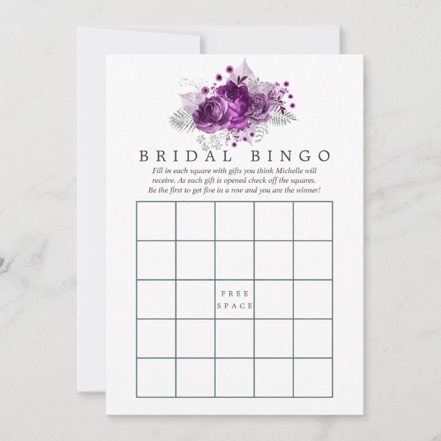 Plum and Navy Watercolor Floral Bridal Bingo (Front)