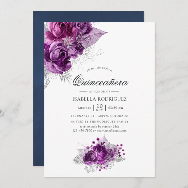 Plum and Navy Watercolor Floral Quinceañera Invitation (Front/Back)