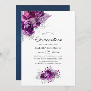 Plum and Navy Watercolor Floral Quinceañera Invitation