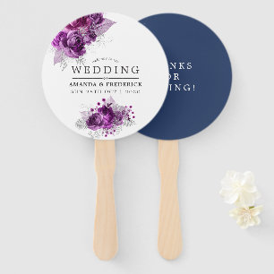 Plum and Navy Watercolor Floral Wedding Favour Hand Fan
