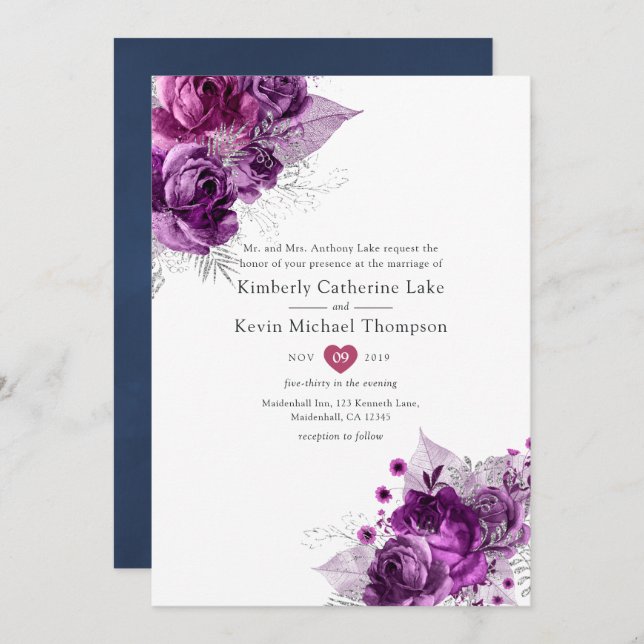Plum and Navy Watercolor Floral Wedding Invitation (Front/Back)