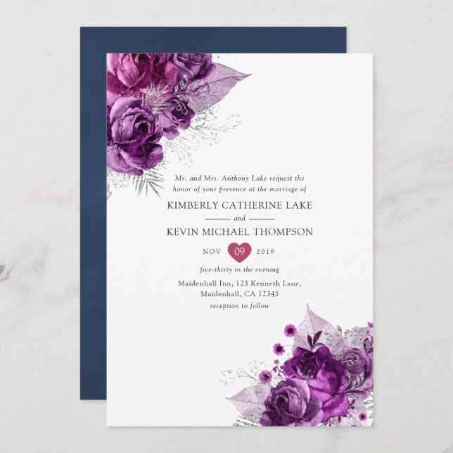 Plum and Navy Watercolor Floral Wedding Invitation (Front/Back)