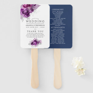 Plum and Navy Watercolor Floral Wedding Program Hand Fan
