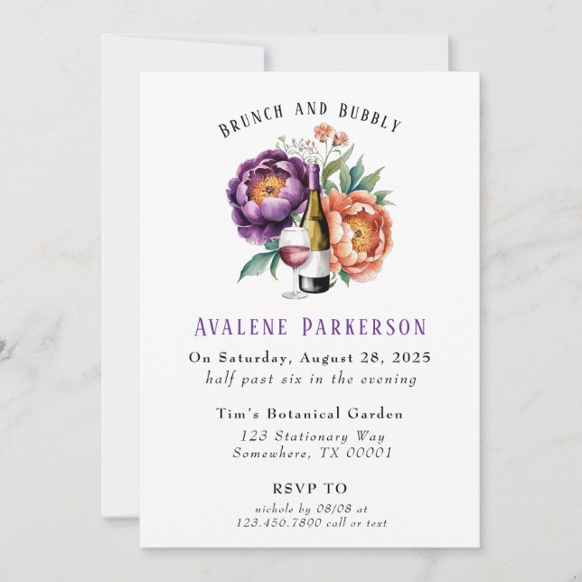Plum and Orange Paint Peony Bridesmaids Luncheon Invitation (Front)