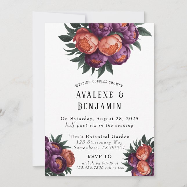 Plum and Orange Paint Peony Wedding Couples Shower Invitation (Front)