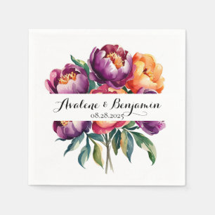 Plum and Orange Watercolor Peony Bouquet Wedding Napkin