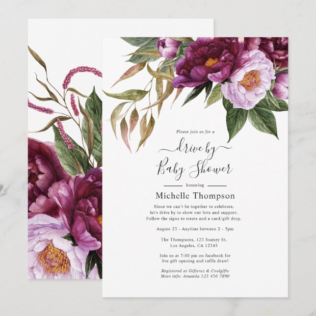 Plum and Pastel Violet Floral Drive By Shower Invitation (Front/Back)