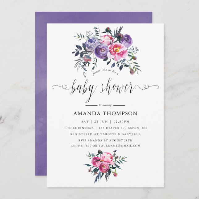 Plum and Pink Watercolor Floral Baby Shower Invitation (Front/Back)