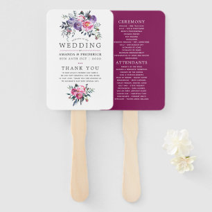 Plum and Pink Watercolor Floral Wedding Program Hand Fan