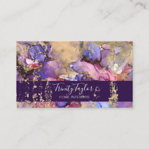 Plum and Pink Watercolor Marble Ink & Gold Foil Business Card