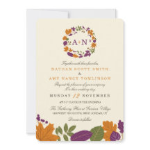 Plum and Pumpkin Fall Wreath Wedding Invitations