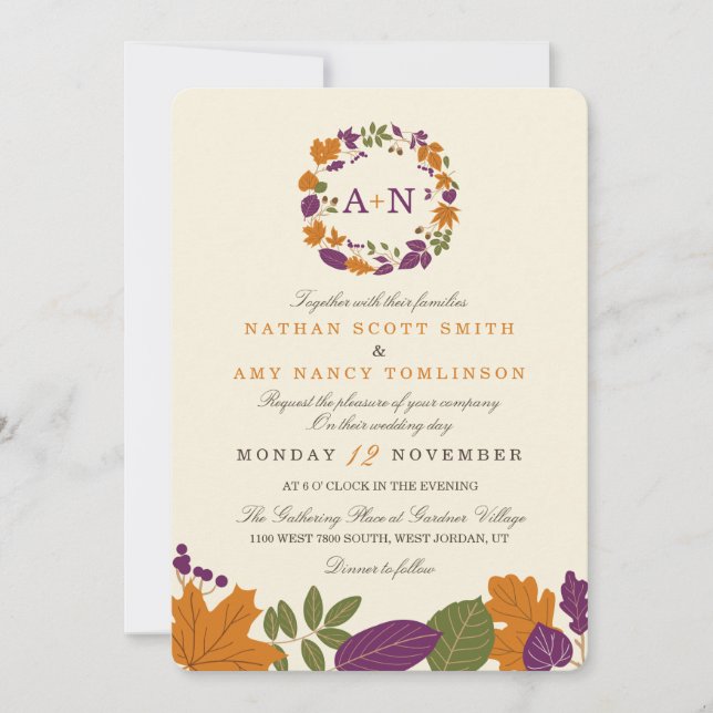 Plum and Pumpkin Fall Wreath Wedding Invitations (Front)