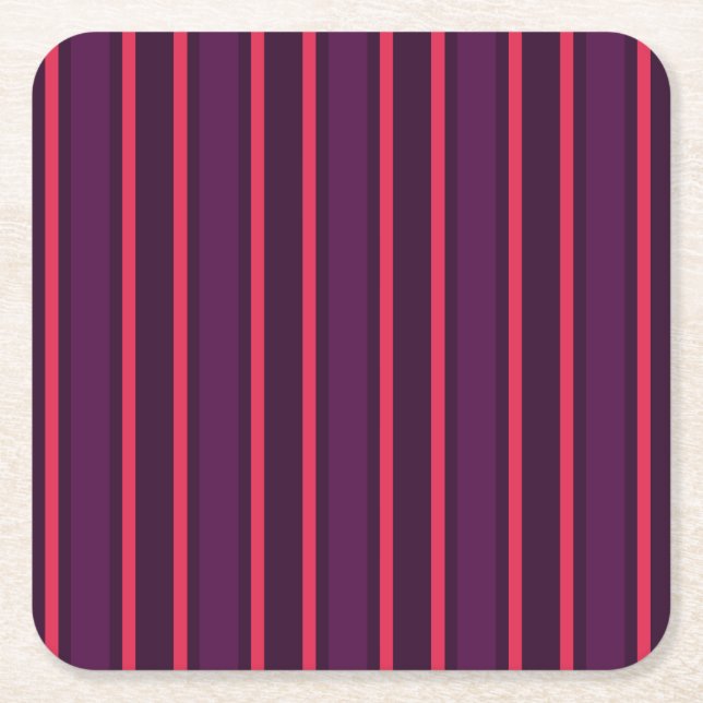 Plum and red candy stripes square paper coaster (Front)