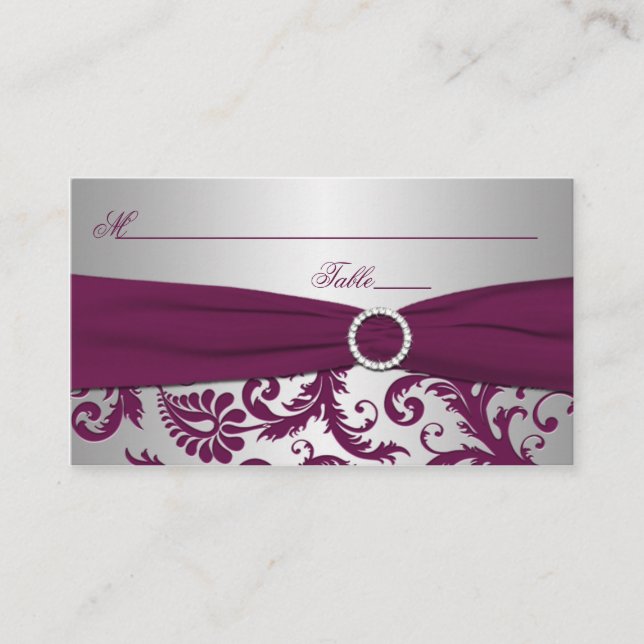 Plum and Silver Damask Placecards (Front)