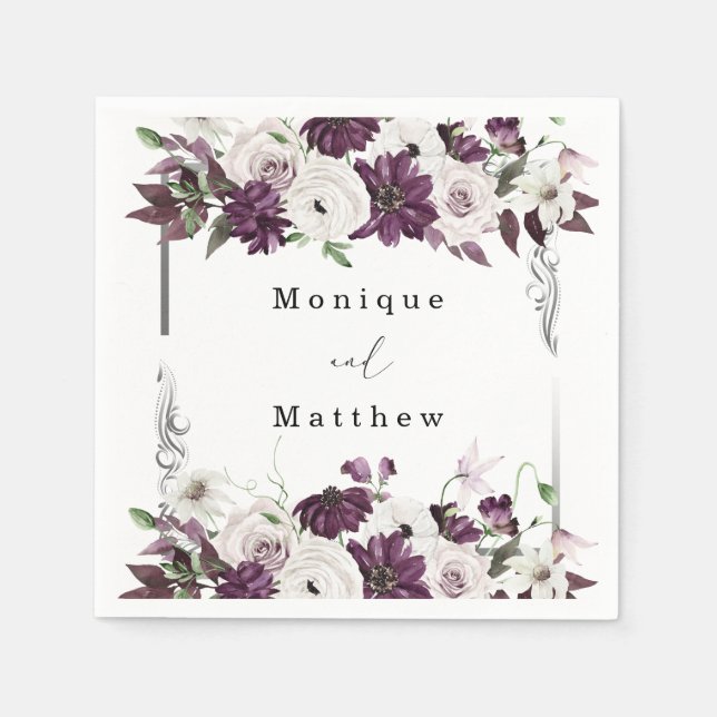 Plum and Silver Floral Geometric Wedding Napkin (Front)
