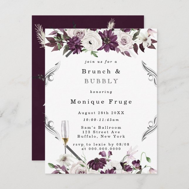 Plum and Silver Geometric Brunch & Bubbly Invites (Front/Back)