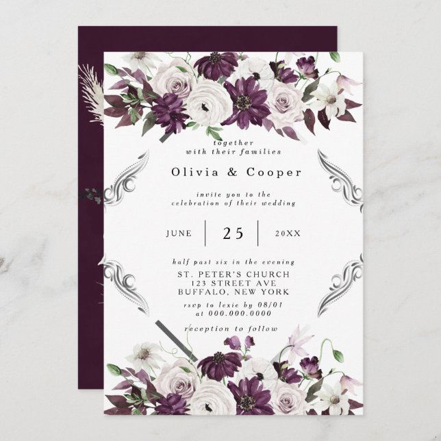 Plum and Silver Geometric Floral Wedding Invitation (Front/Back)