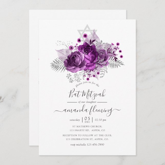Plum and Silver Watercolor Bat Mitzvah Invitation (Front/Back)