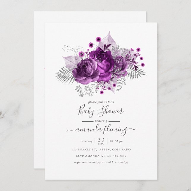 Plum and Silver Watercolor Floral Baby Shower Invitation (Front/Back)