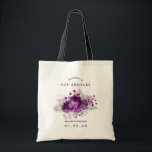 Plum and Silver Watercolor Floral Wedding Welcome Tote Bag<br><div class="desc">Dark plum purple roses and silver glitter tropical foliage wedding welcome tote bags.</div>