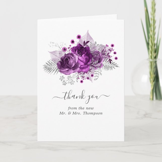 Plum and Silver Watercolor Wedding Photo Thank You Card (Front)