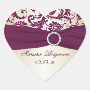 plum and Taupe Damask Heart Shape Sticker