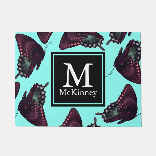 Plum and Teal Butterflies Personalised Doormat (Front)
