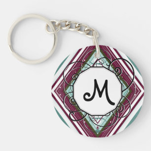 Plum and Teal Diamond Modern-Retro with Monogram Key Ring