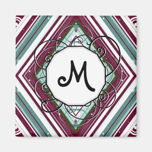 Plum and Teal Diamond Modern-Retro with Monogram Magnet