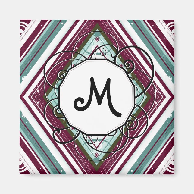 Plum and Teal Diamond Modern-Retro with Monogram Magnet (Front)