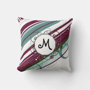 Plum and Teal Modern-Retro Stripes with Monogram Cushion