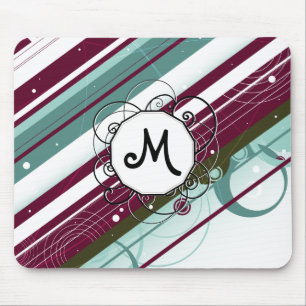Plum and Teal Modern-Retro Stripes with Monogram Mouse Pad