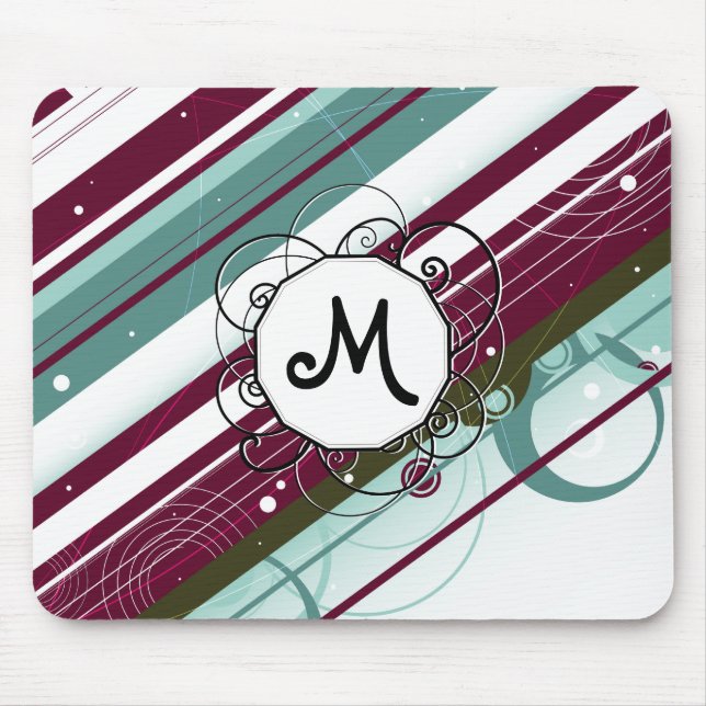 Plum and Teal Modern-Retro Stripes with Monogram Mouse Pad (Front)