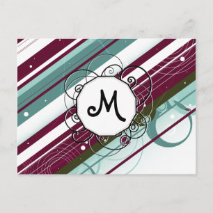 Plum and Teal Modern-Retro Stripes with Monogram Postcard