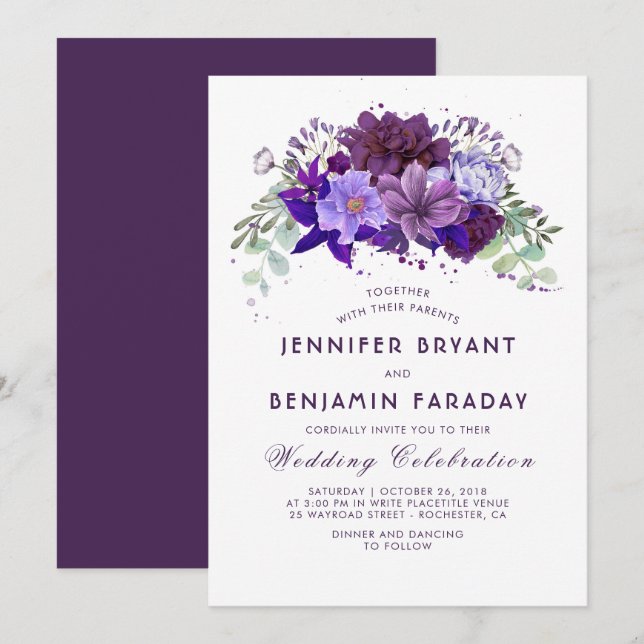 Plum and Violet Floral Purple Elegant Wedding Invitation (Front/Back)
