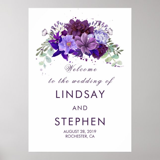 Plum and Violet Purple Floral Wedding Welcome Sign (Front)