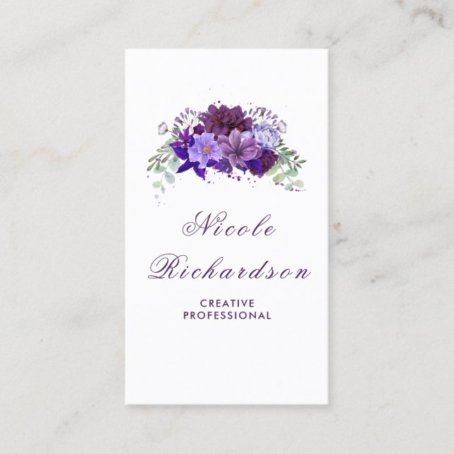 Plum and Violet Purple Flowers Stylish and Elegant Business Card (Front)
