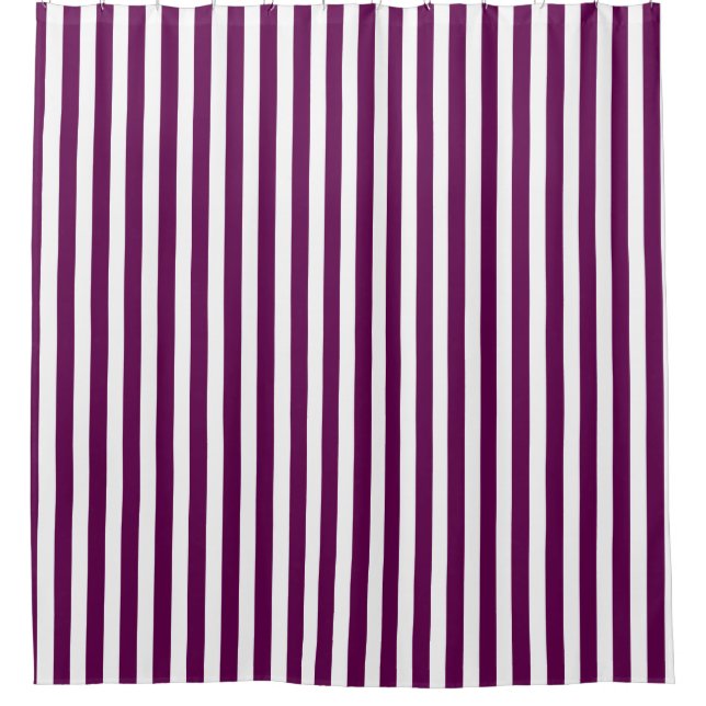 Plum and white candy stripes shower curtain (Front)