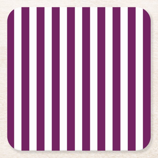 Plum and white candy stripes square paper coaster (Front)