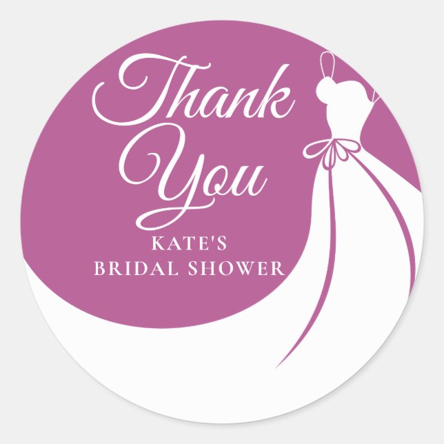 Plum and White Elegant Gown Bridal Shower Classic Round Sticker (Front)
