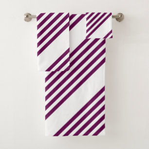 Plum and white five stripe pattern bath towel set