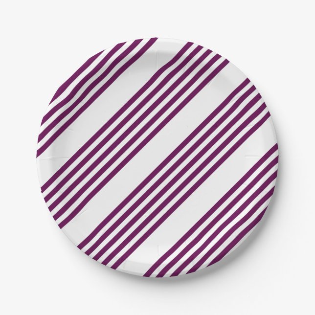 Plum and white five stripe pattern paper plate (Front)