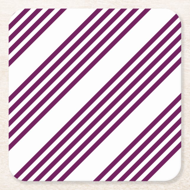 Plum and white five stripe pattern square paper coaster (Front)