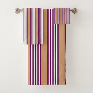 Plum and white five stripes pattern with tan bath towel set