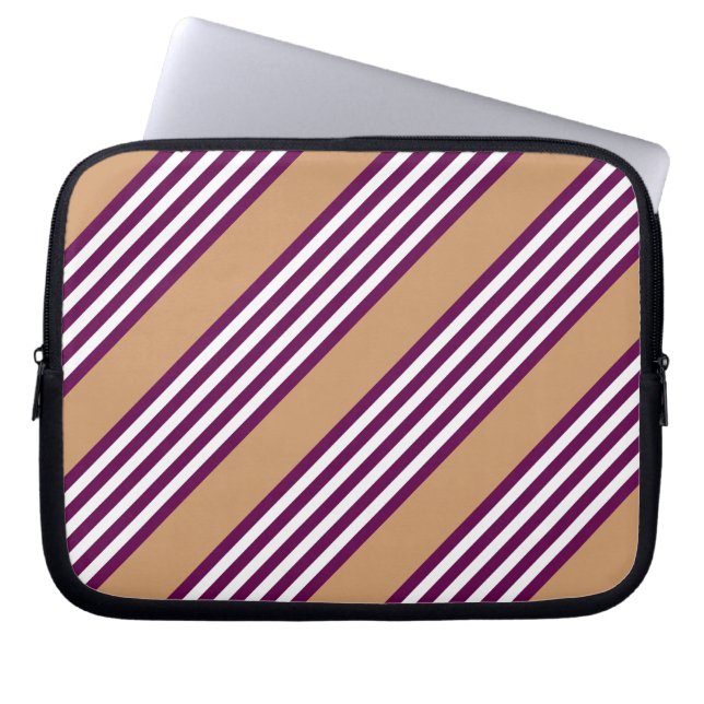 Plum and white five stripes pattern with tan laptop sleeve (Front)