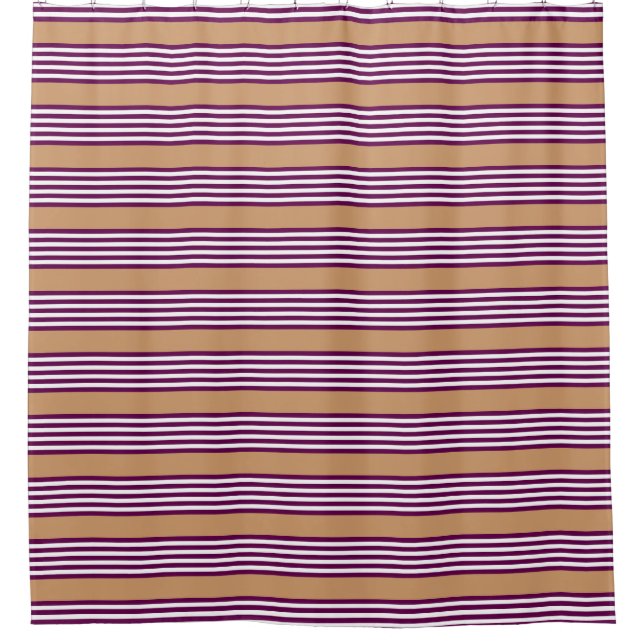 Plum and white five stripes pattern with tan shower curtain (Front)