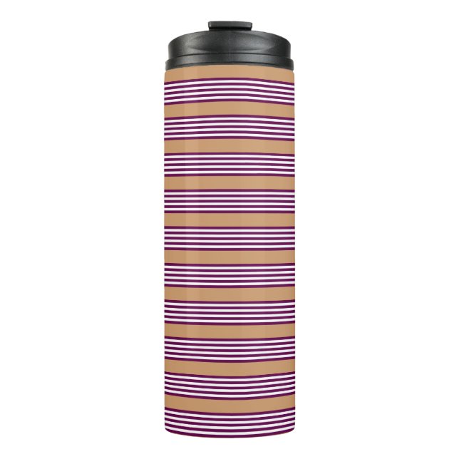 Plum and white five stripes pattern with tan thermal tumbler (Front)